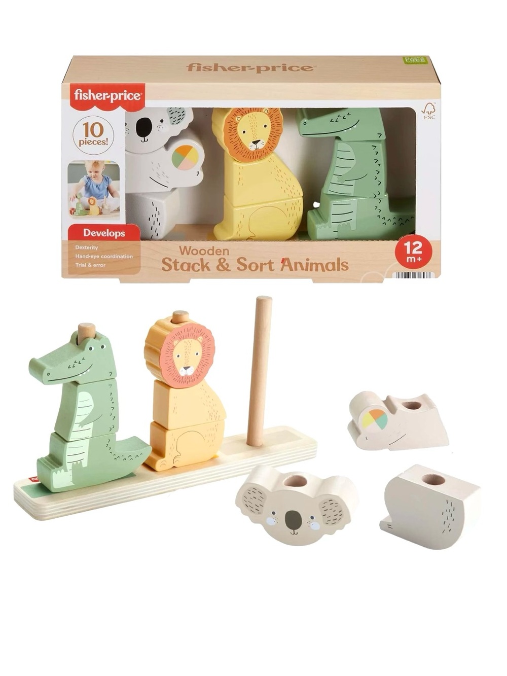 Fisher Price Wooden Stack & Sort Animals Stacking Toy for Baby & Toddler *NEW*